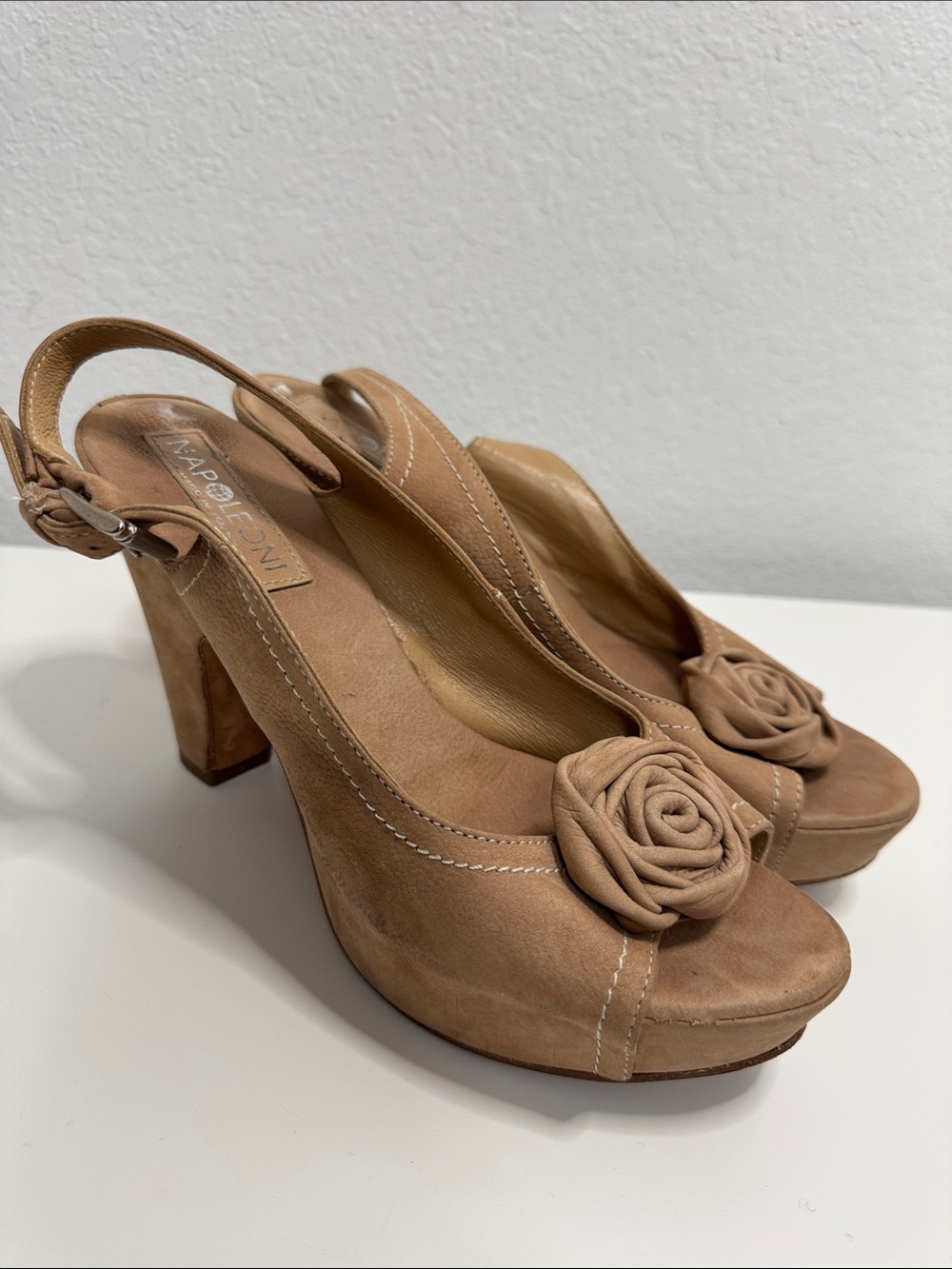Napoleoni Italy Leather Flower Slingback Platform Heels Taupe Size 38